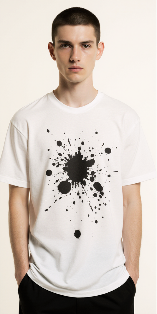 Men’s Oversized White T-Shirt – Abstract Ink Splash “ART IS CHAOS” Graphic | Premium Streetwear Tee