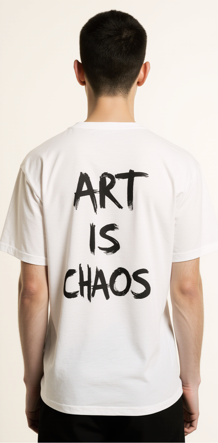 Men’s Oversized White T-Shirt – Abstract Ink Splash “ART IS CHAOS” Graphic | Premium Streetwear Tee