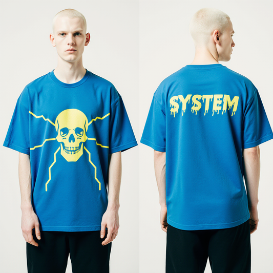 Men’s Oversized Blue T-Shirt – Neon Skull “SYSTEM” Graphic | Cyberpunk Streetwear Tee