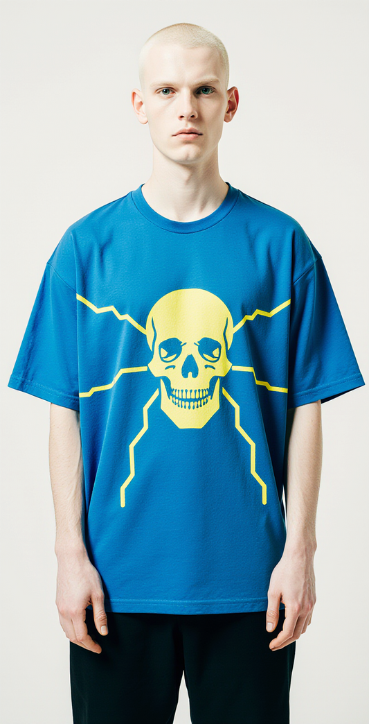Men’s Oversized Blue T-Shirt – Neon Skull “SYSTEM” Graphic | Cyberpunk Streetwear Tee