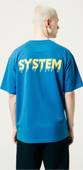 Men’s Oversized Blue T-Shirt – Neon Skull “SYSTEM” Graphic | Cyberpunk Streetwear Tee