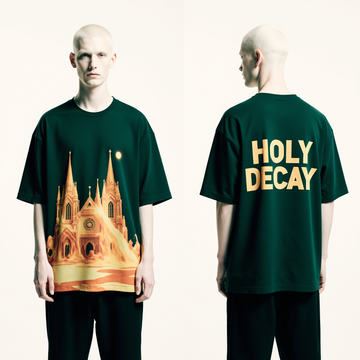 Oversized Dark Green T-Shirt for Men – Gothic Cathedral Graphic – Streetwear "Holy Decay"