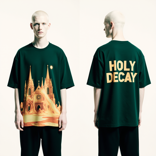 Oversized Dark Green T-Shirt for Men – Gothic Cathedral Graphic – Streetwear "Holy Decay"