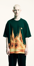 Oversized Dark Green T-Shirt for Men – Gothic Cathedral Graphic – Streetwear 