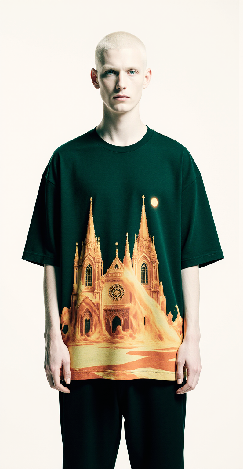 Oversized Dark Green T-Shirt for Men – Gothic Cathedral Graphic – Streetwear "Holy Decay"