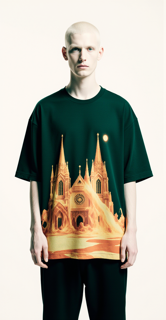 Oversized Dark Green T-Shirt for Men – Gothic Cathedral Graphic – Streetwear "Holy Decay"