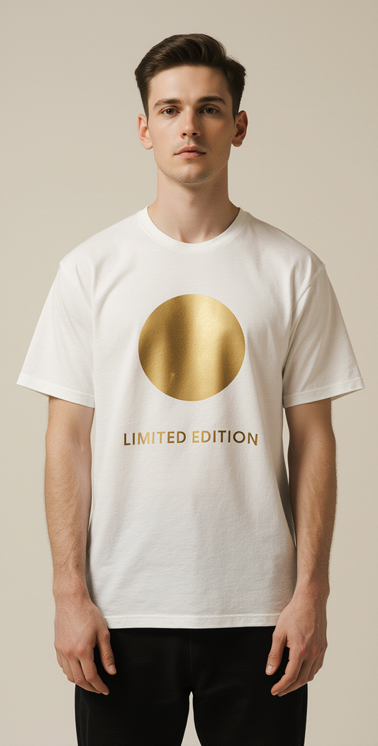 Men’s Oversized White T-Shirt – Gold Circle “LIMITED EDITION” Premium Minimalist Tee