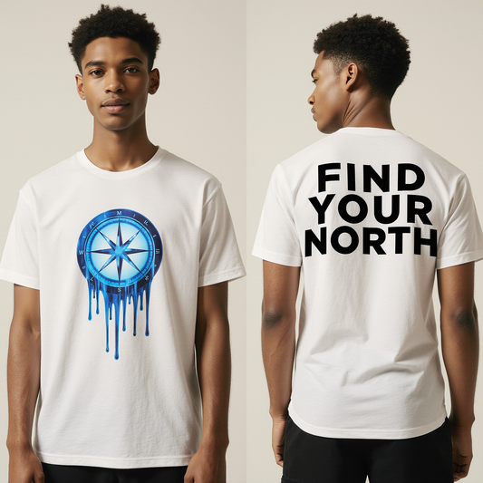 Oversized White T-Shirt "Find Your North" – Blue Compass Graphic Streetwear Tee