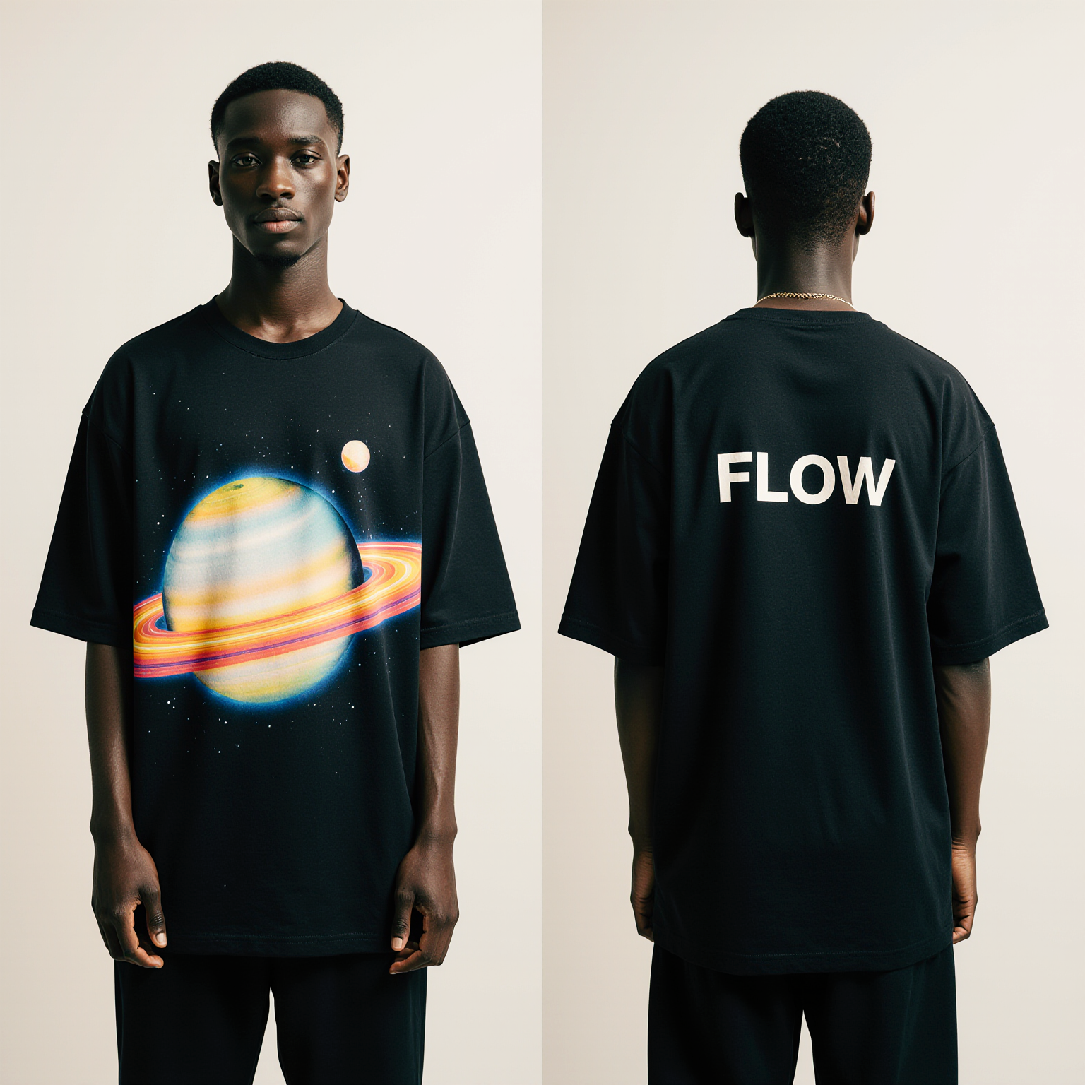 Men’s Oversized Black T-Shirt – Saturn Galaxy “FLOW” Premium Streetwear Tee