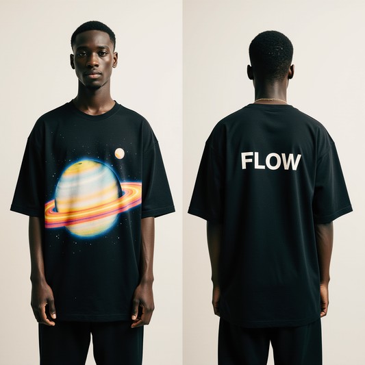 Men’s Oversized Black T-Shirt – Saturn Galaxy “FLOW” Premium Streetwear Tee