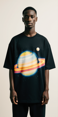Men’s Oversized Black T-Shirt – Saturn Galaxy “FLOW” Premium Streetwear Tee
