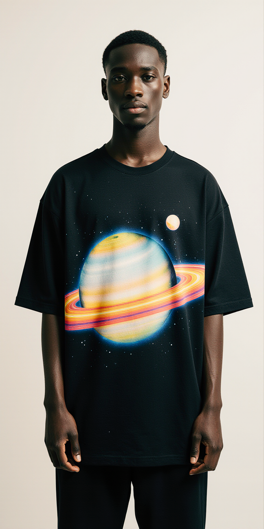 Men’s Oversized Black T-Shirt – Saturn Galaxy “FLOW” Premium Streetwear Tee