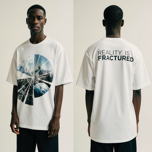 Oversized White T-Shirt "Reality Is Fractured" – Shattered World Graphic Streetwear Tee