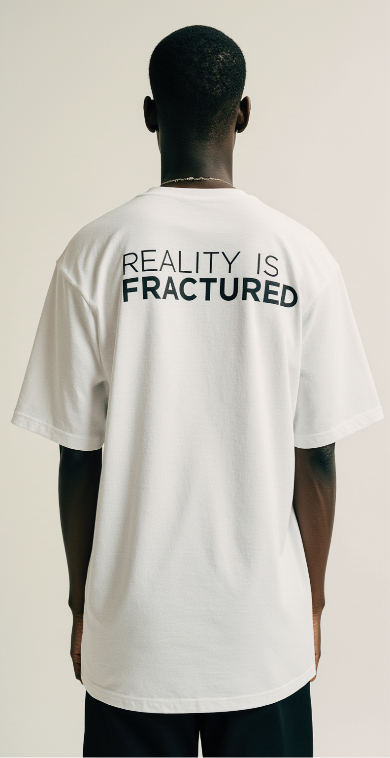 Oversized White T-Shirt "Reality Is Fractured" – Shattered World Graphic Streetwear Tee