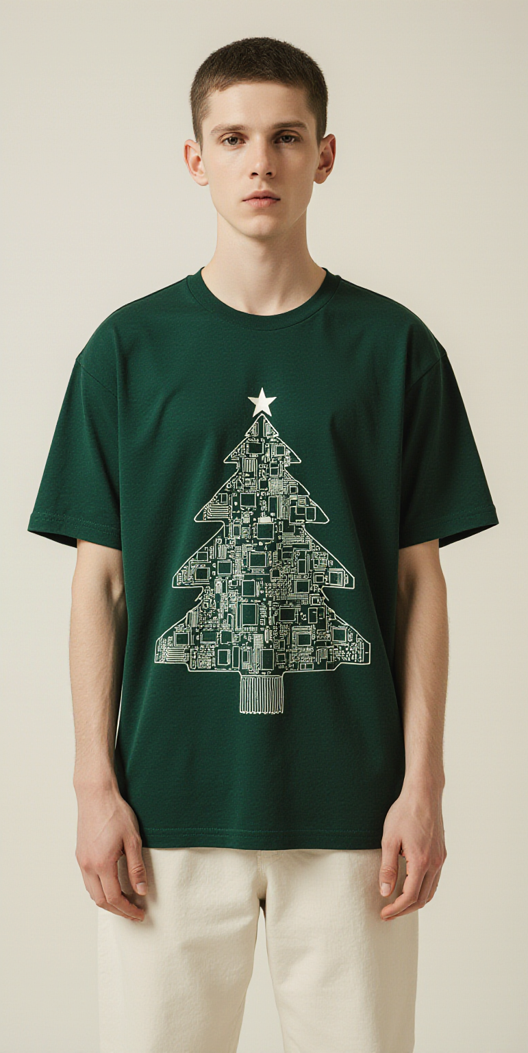 Digital Holiday Oversized Christmas T-Shirt – Green Tech Tree Graphic Streetwear Tee”