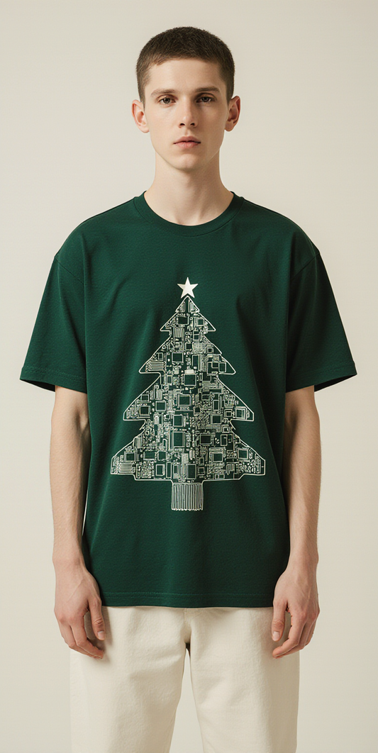Digital Holiday Oversized Christmas T-Shirt – Green Tech Tree Graphic Streetwear Tee”