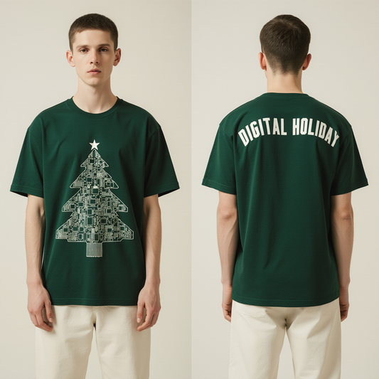 Digital Holiday Oversized Christmas T-Shirt – Green Tech Tree Graphic Streetwear Tee”