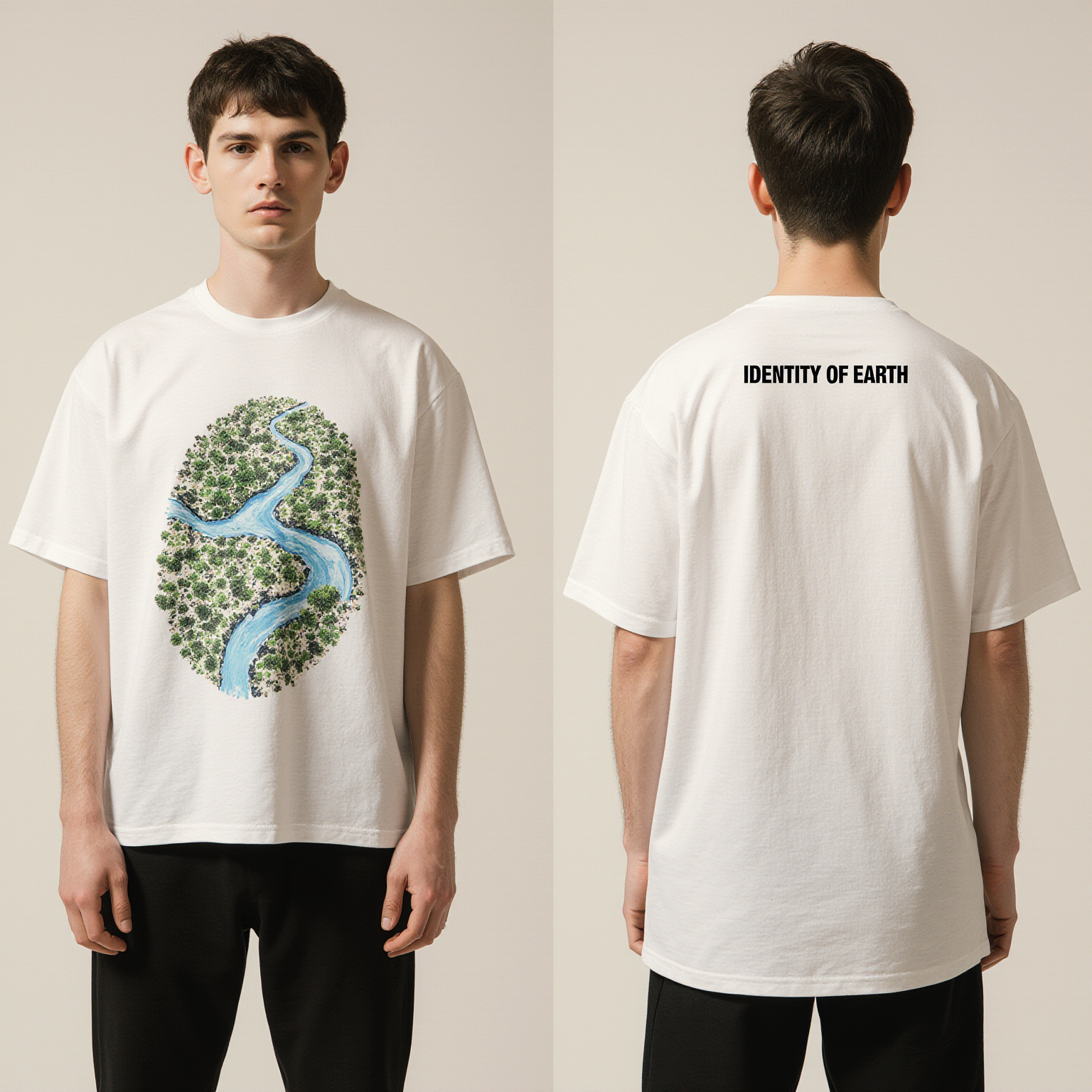 Oversized White T-Shirt for Men – Nature River & Forest Graphic – Streetwear "Identity of Earth"