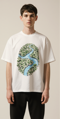 Oversized White T-Shirt for Men – Nature River & Forest Graphic – Streetwear 