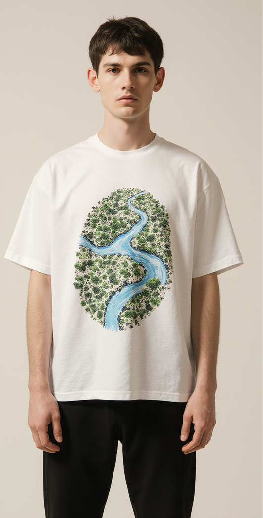 Oversized White T-Shirt for Men – Nature River & Forest Graphic – Streetwear "Identity of Earth"