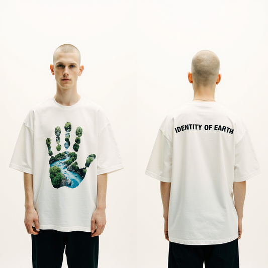 Oversized White T-Shirt for Men – Nature Handprint River Graphic – Streetwear "Identity of Earth"