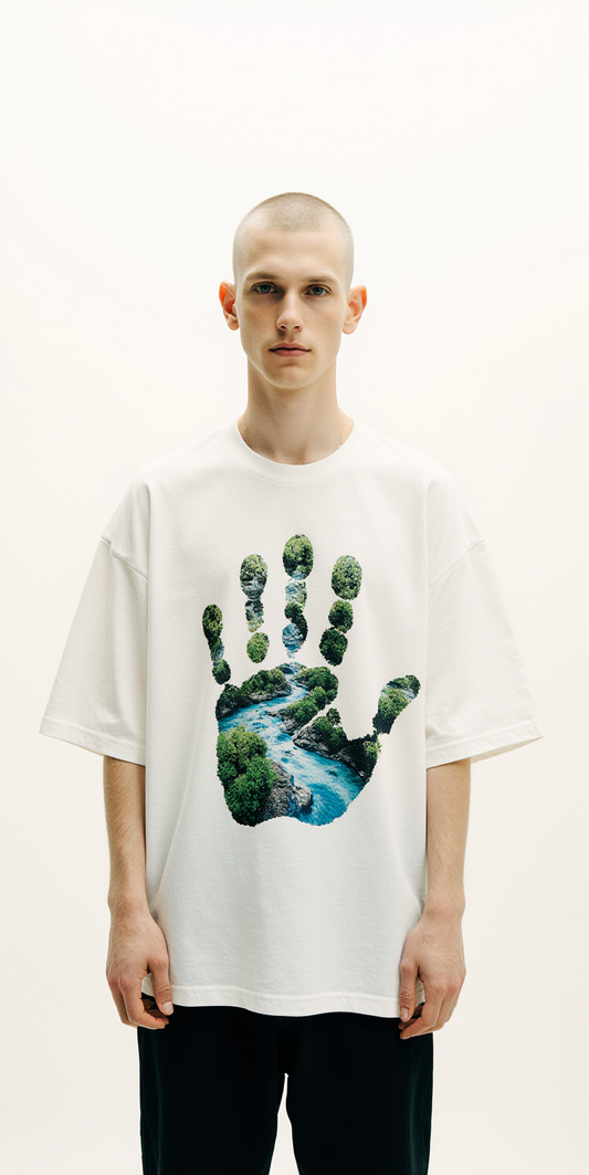 Oversized White T-Shirt for Men – Nature Handprint River Graphic – Streetwear "Identity of Earth"