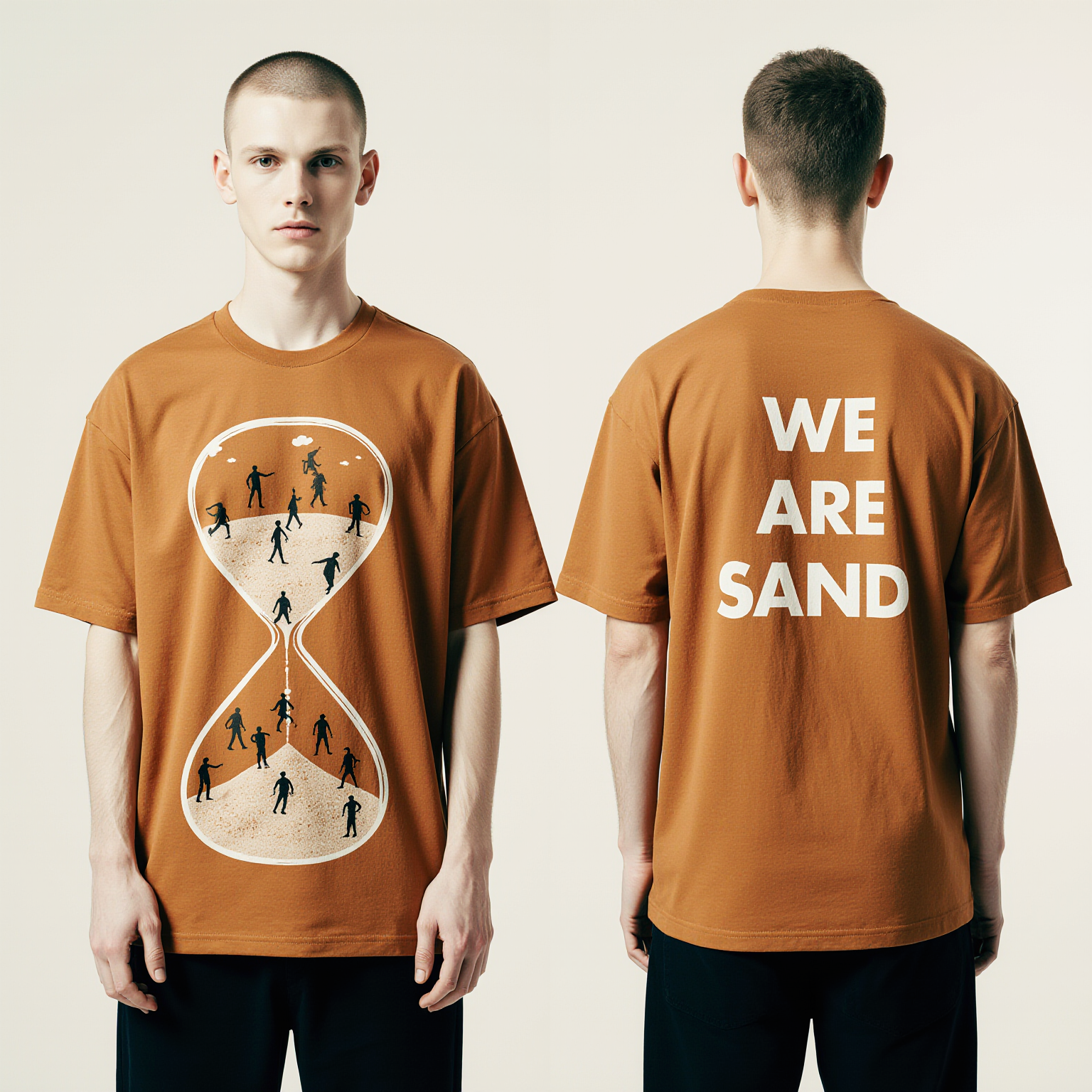 Oversized Burnt Orange T-Shirt for Men – Hourglass Time Graphic – Streetwear "We Are Sand"