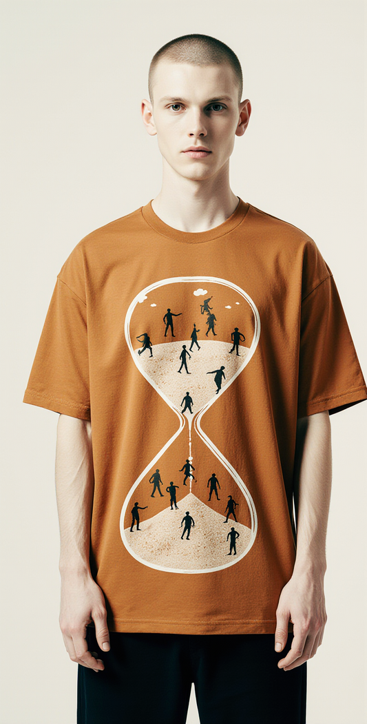 Oversized Burnt Orange T-Shirt for Men – Hourglass Time Graphic – Streetwear "We Are Sand"