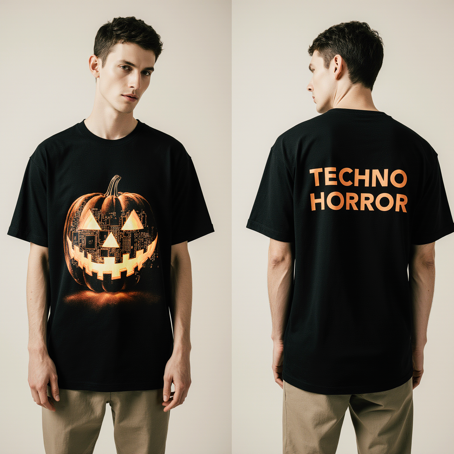 Techno Horror Oversized Halloween T-Shirt – Cyberpunk Pumpkin Graphic Streetwear Tee