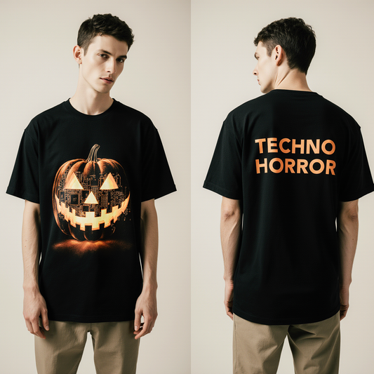 Techno Horror Oversized Halloween T-Shirt – Cyberpunk Pumpkin Graphic Streetwear Tee