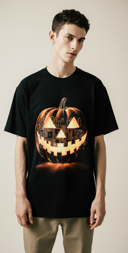 Techno Horror Oversized Halloween T-Shirt – Cyberpunk Pumpkin Graphic Streetwear Tee