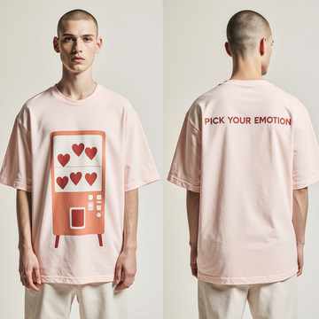 Oversized Pastel Pink T-Shirt for Men – Heart Vending Machine Graphic – Streetwear "Pick Your Emotion"