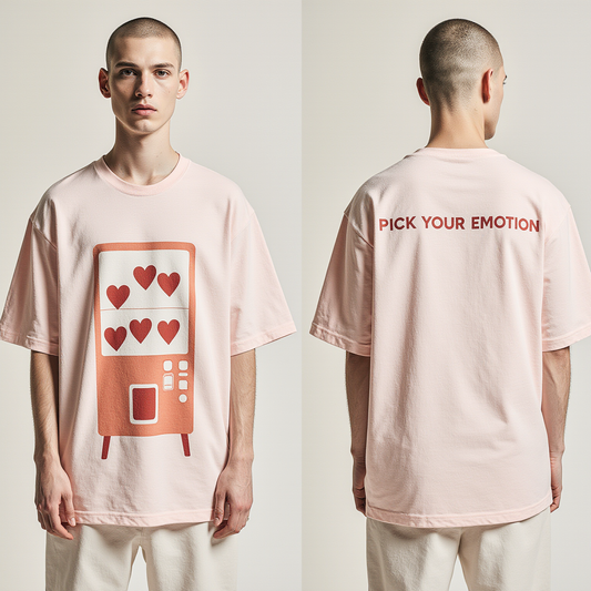 Oversized Pastel Pink T-Shirt for Men – Heart Vending Machine Graphic – Streetwear "Pick Your Emotion"