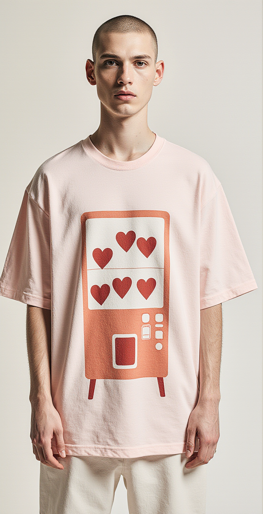 Oversized Pastel Pink T-Shirt for Men – Heart Vending Machine Graphic – Streetwear "Pick Your Emotion"