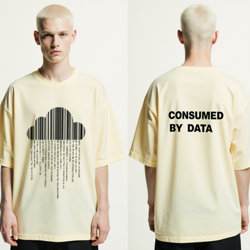 Oversized Pale Yellow T-Shirt for Men – Barcode Cloud Graphic – Streetwear "Consumed by Data"
