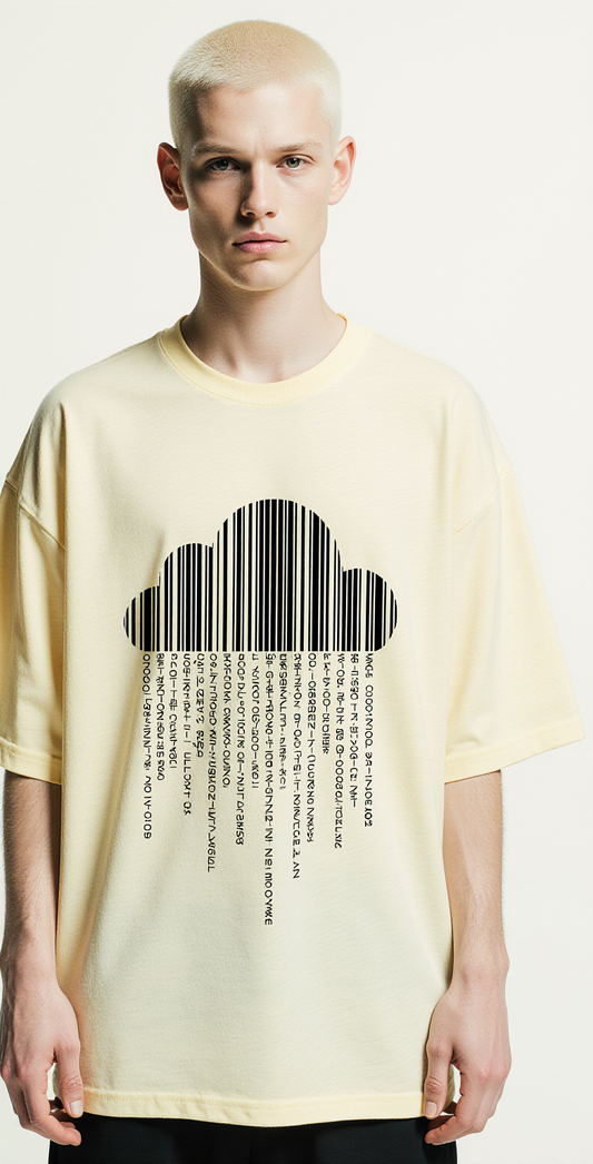 Oversized Pale Yellow T-Shirt for Men – Barcode Cloud Graphic – Streetwear "Consumed by Data"