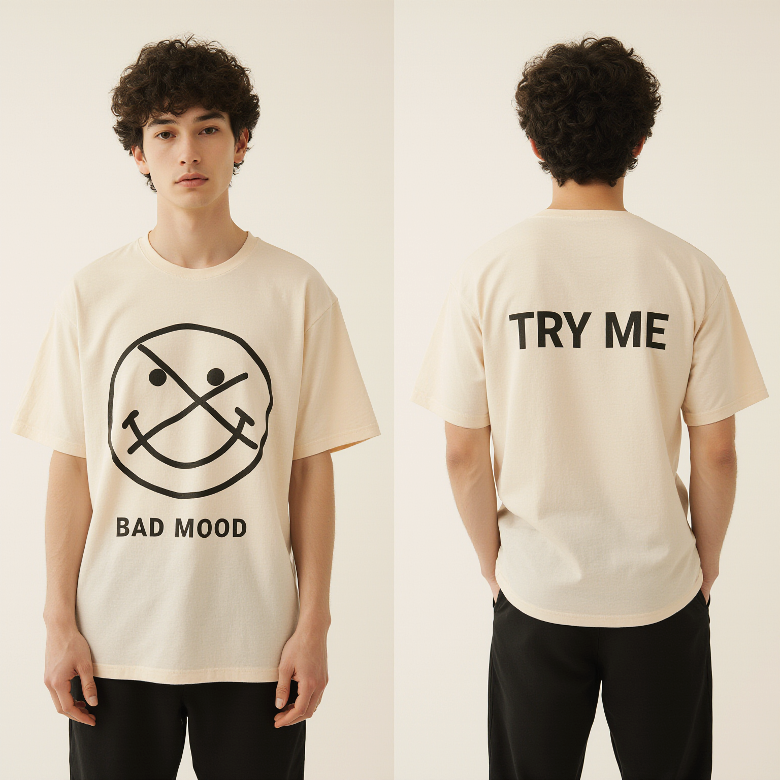 Bad Mood Oversized Graphic T-Shirt – Trendy Streetwear Tee with Funny Face Print & “TRY ME” Back Design