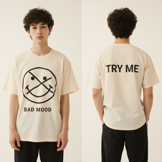 Bad Mood Oversized Graphic T-Shirt – Trendy Streetwear Tee with Funny Face Print & “TRY ME” Back Design