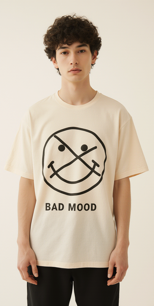 Bad Mood Oversized Graphic T-Shirt – Trendy Streetwear Tee with Funny Face Print & “TRY ME” Back Design