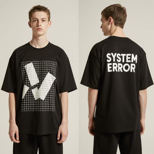 System Error Oversized T-Shirt – Black Graphic Streetwear Tee with Glitch Grid Design