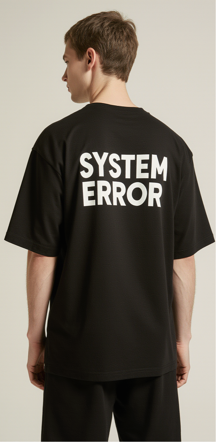 System Error Oversized T-Shirt – Black Graphic Streetwear Tee with Glitch Grid Design
