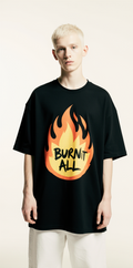 Burn It All Oversized Flame T-Shirt – Black Streetwear Graphic Tee with “Too Hot Care” Back Print