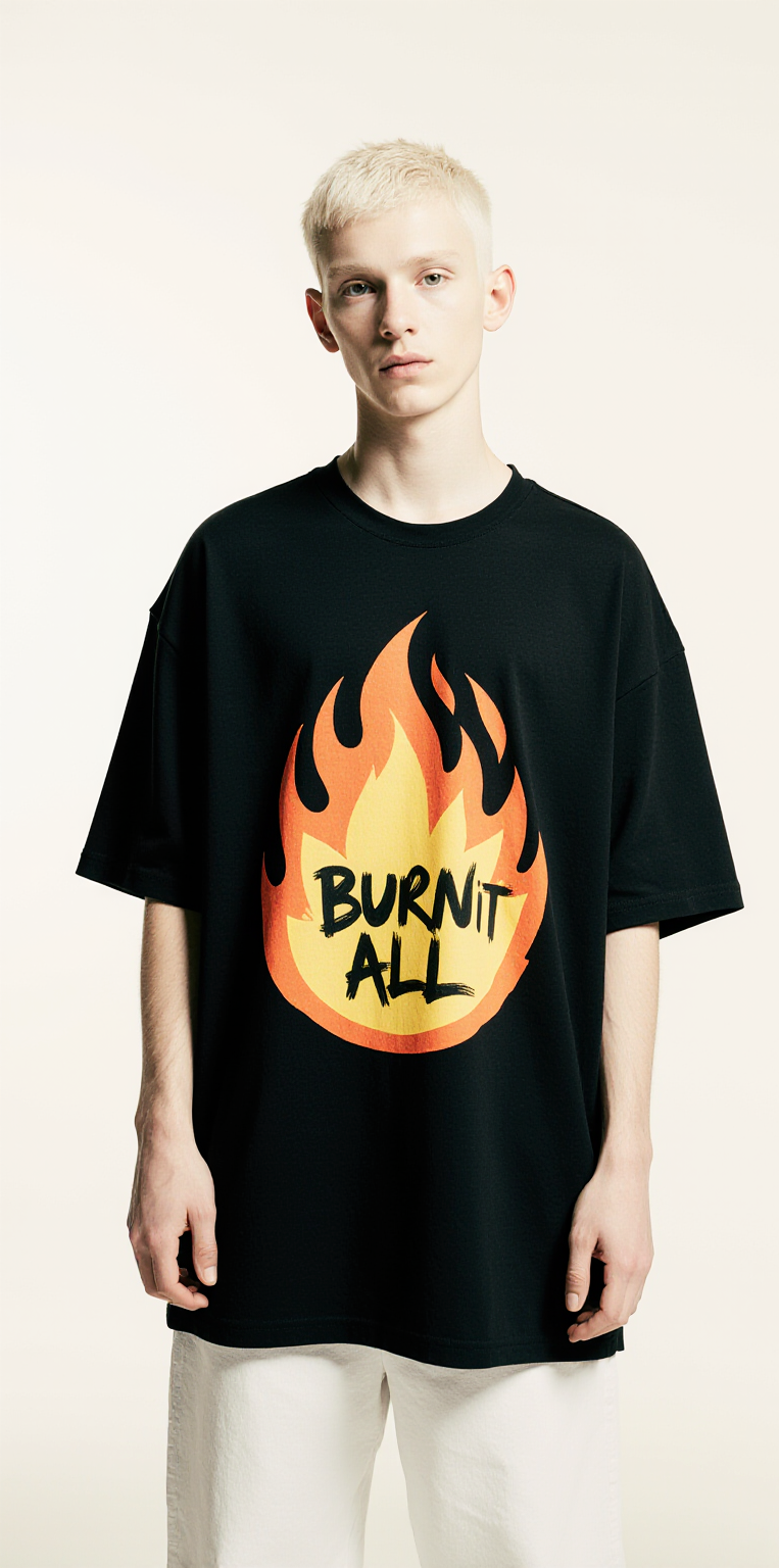 Burn It All Oversized Flame T-Shirt – Black Streetwear Graphic Tee with “Too Hot Care” Back Print