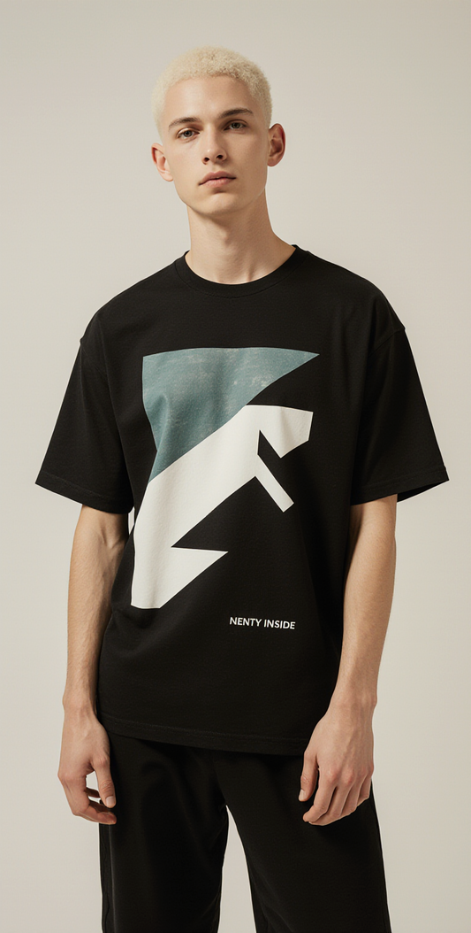 Geometric Oversized T-Shirt – Black Minimalist Streetwear Tee with Abstract Graphic & EMILD Back Print