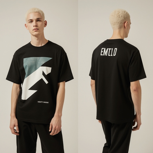 Geometric Oversized T-Shirt – Black Minimalist Streetwear Tee with Abstract Graphic & EMILD Back Print