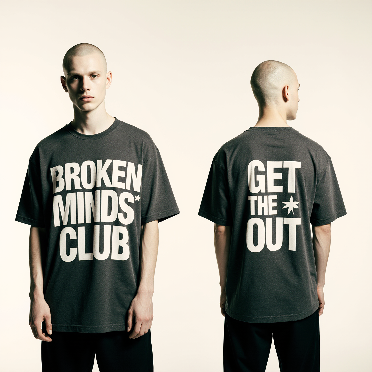 Broken Minds Club Oversized T-Shirt – Dark Gray Streetwear Tee with “Get the Out” Back Print