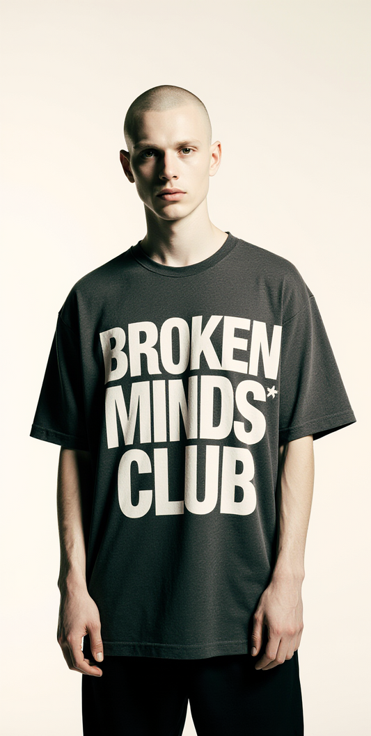 Broken Minds Club Oversized T-Shirt – Dark Gray Streetwear Tee with “Get the Out” Back Print