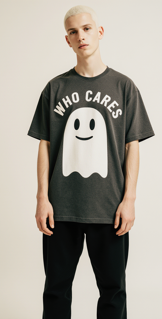 Who Cares Oversized T-Shirt – Funny Ghost Graphic Streetwear Tee with “Blah Blah” Back Print