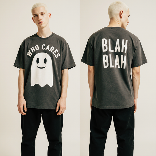 Who Cares Oversized T-Shirt – Funny Ghost Graphic Streetwear Tee with “Blah Blah” Back Print
