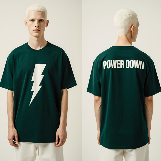 Power Down Oversized T-Shirt – Dark Green Streetwear Tee with Lightning Bolt Graphic